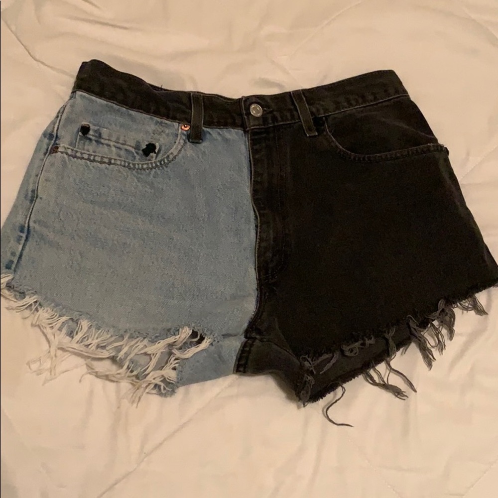Customized Levi shorts half black half light wash